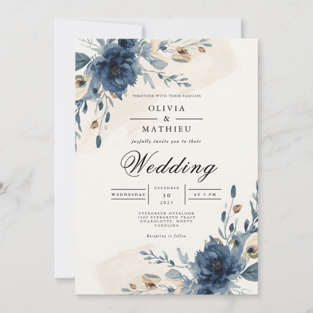Moody Navy Floral Arch Wedding Invitation (Front)