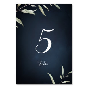 moody navy minimal botanical greenery table card