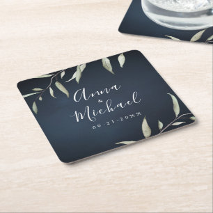 moody navy minimal botanical greenery wedding square paper coaster