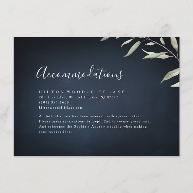 Moody navy minimal greenery accommodation enclosure card (Front)