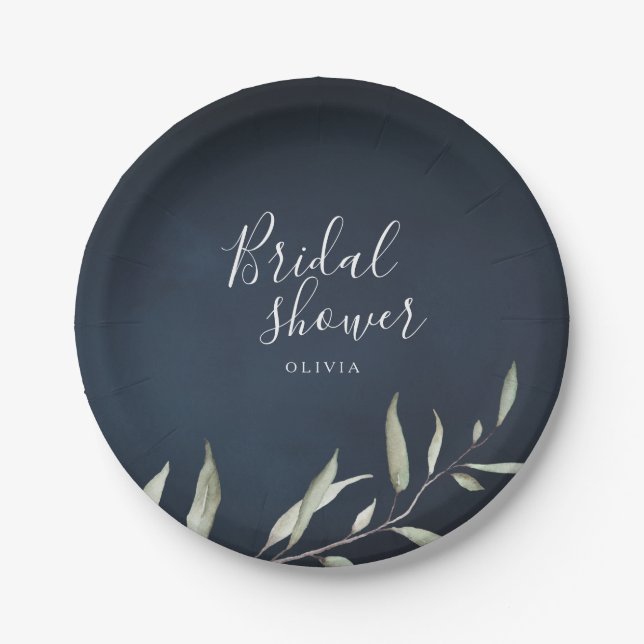 moody navy minimal greenery leaves bridal shower paper plates (Front)