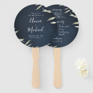 Moody navy minimal greenery rustic wedding program hand fan