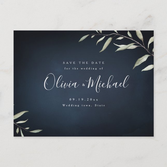Moody navy minimal greenery save the date announcement postcard (Front)