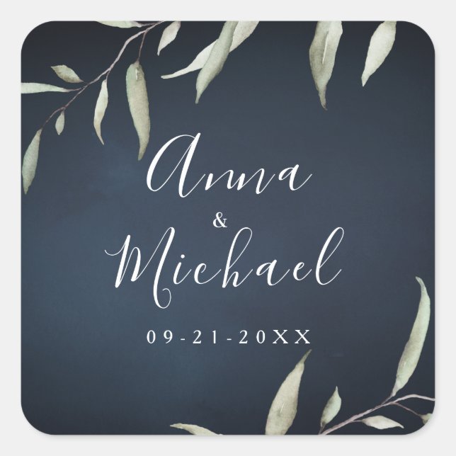 moody navy minimal greenery wedding favor square sticker (Front)