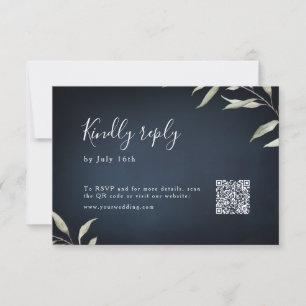 Moody navy minimal greenery wedding QR code RSVP Card