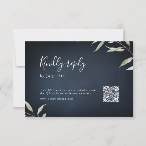 Moody navy minimal greenery wedding QR code  RSVP Card
