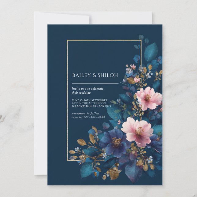 Moody Navy Pink Floral Faux Gold Leaf Wedding Invitation (Front)