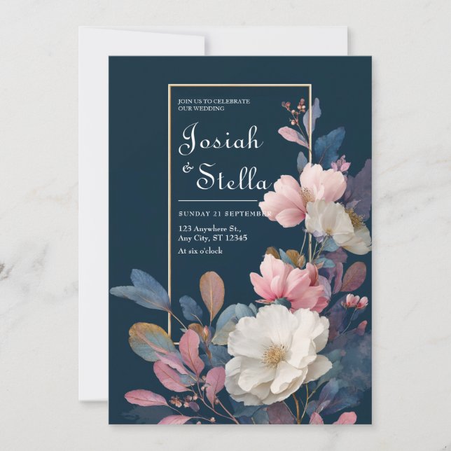 Moody Navy Pink Rose White Anemone Floral Wedding Invitation (Front)
