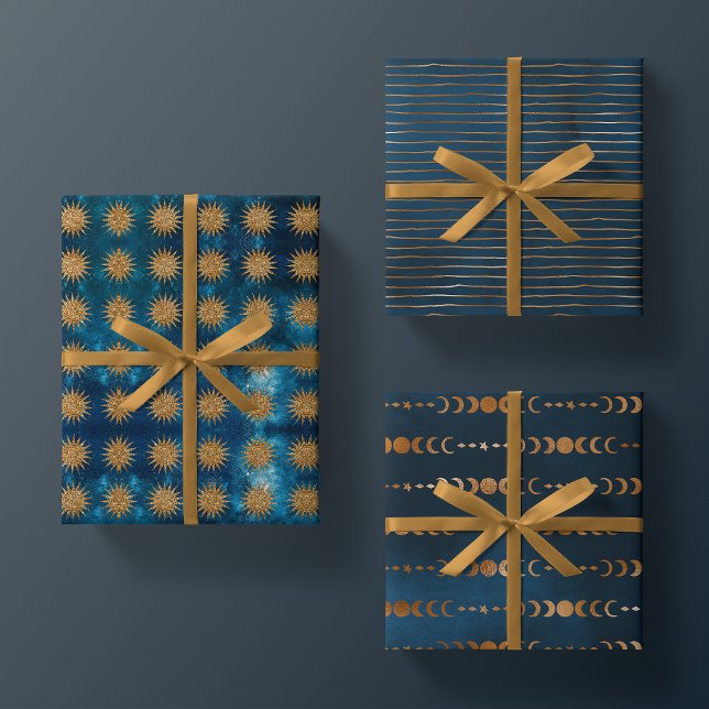 Moody Ocean Galaxy Metalic Gold Lunar Phase Mystic Wrapping Paper Sheets (Creator Uploaded)