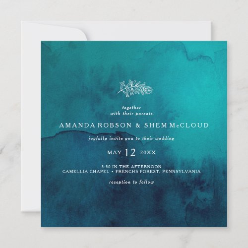 Moody Ocean Watercolor Square Wedding Invitation