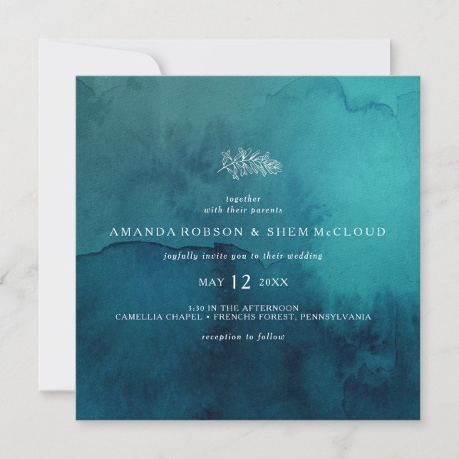 Moody Ocean Watercolor Square Wedding Invitation (Front)