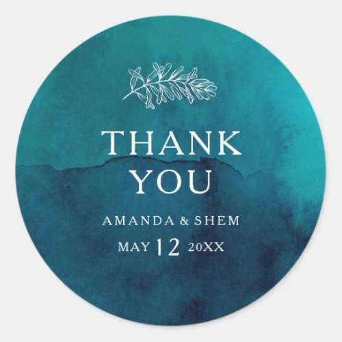 Moody Ocean Watercolor Thank You Wedding Favor Classic Round Sticker