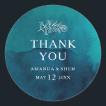 Moody Ocean Watercolor Thank You Wedding Favor Classic Round Sticker<br><div class="desc">These moody ocean watercolor thank you wedding favor stickers are perfect for your simple tropical boho wedding. It is designed with minimalist white tropical leaves and a stunning dark blue-green background.</div>