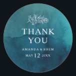 Moody Ocean Watercolor Thank You Wedding Favor Classic Round Sticker<br><div class="desc">These moody ocean watercolor thank you wedding favor stickers are perfect for your simple tropical boho wedding. It is designed with minimalist white tropical leaves and a stunning dark blue-green background.</div>