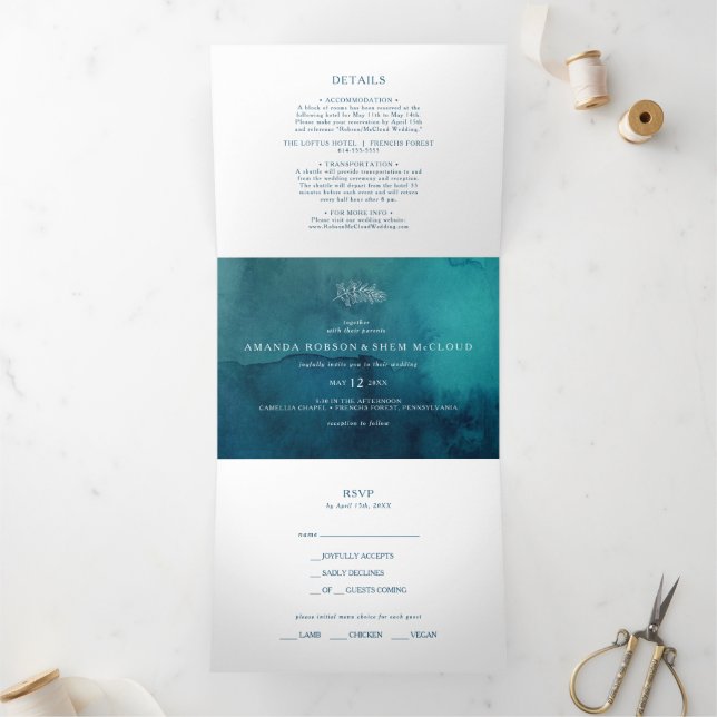 Moody Ocean Watercolor Wedding All In One Tri-fold (Inside)