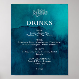 Moody Ocean Watercolor Wedding Drinks Menu Sign