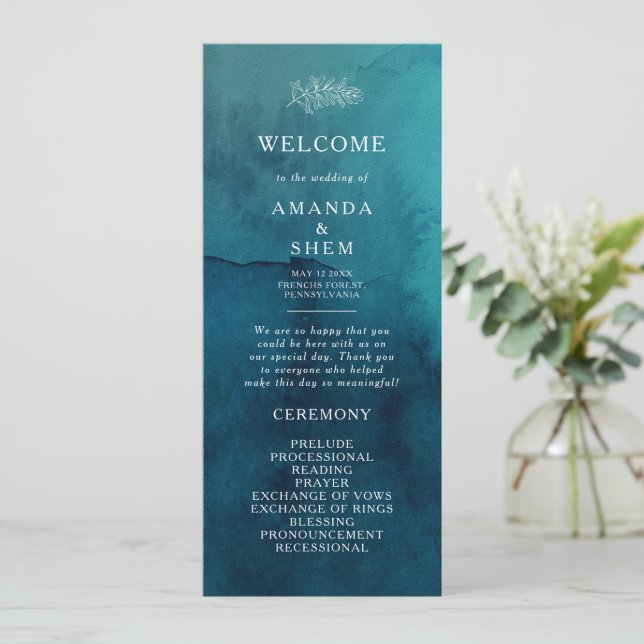 Moody Ocean Watercolor Wedding Program (Standing Front)
