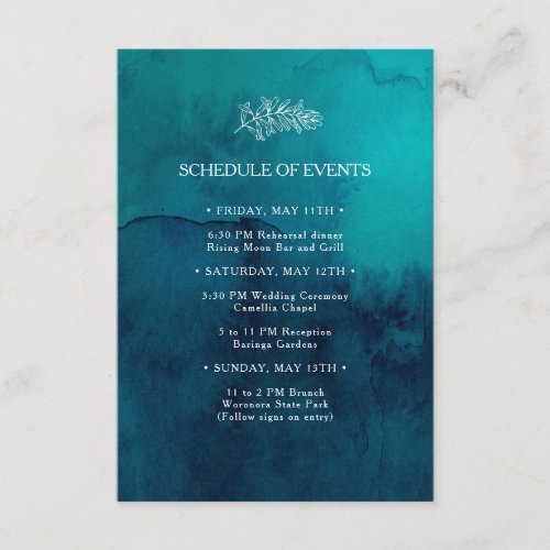 Moody Ocean Watercolor Wedding Schedule of Events Enclosure Card