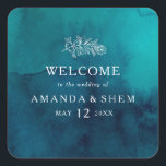Moody Ocean Watercolor Wedding Welcome Square Square Sticker<br><div class="desc">This moody ocean watercolor wedding welcome square sticker is perfect for your simple tropical boho wedding. It is designed with minimalist white tropical leaves and a stunning dark blue-green background.</div>