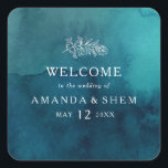Moody Ocean Watercolor Wedding Welcome Square Sticker<br><div class="desc">This moody ocean watercolor wedding welcome square sticker is perfect for your simple tropical boho wedding. It is designed with minimalist white tropical leaves and a stunning dark blue-green background.</div>