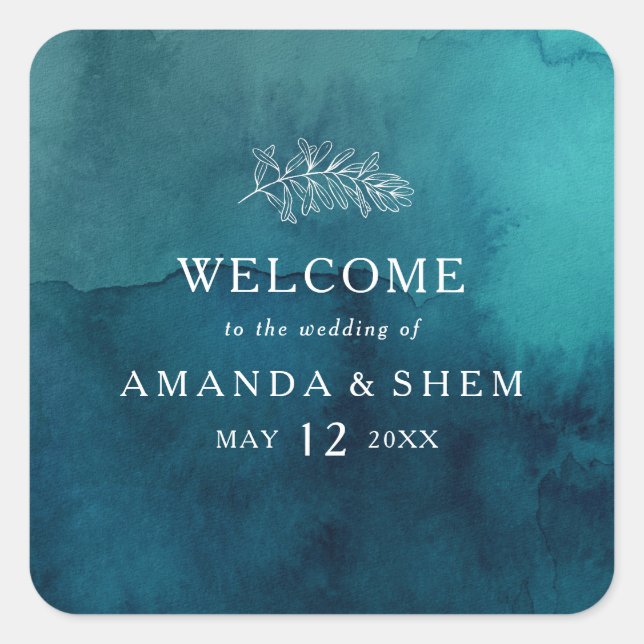 Moody Ocean Watercolor Wedding Welcome Square Sticker (Front)