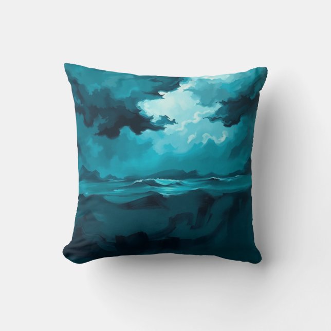 Moody Ocean Waves Under Stormy Sky – Abstract Seas Throw Pillow (Front)