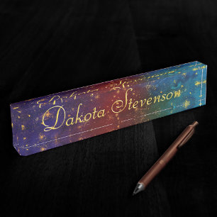 Moody Ombre Psychedelic Grunge Gold Stardust Desk Name Plate