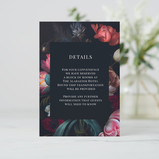 Moody Painterly Peony Floral Wedding Details Enclosure Card (Standing Front)