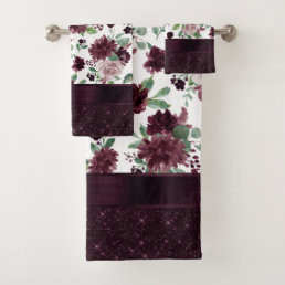 Moody Passion | Dark Purple Floral Pattern Shimmer Bath Towel Set