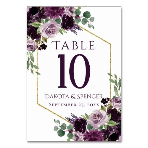 Moody Passion  Dramatic Purple Floral Gold Frame Table Number