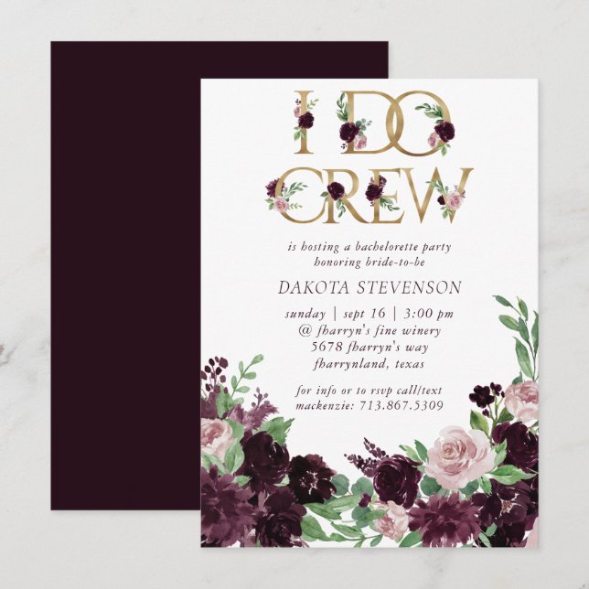Moody Passion | Dramatic Purple Floral I Do Crew  Invitation (Front/Back)