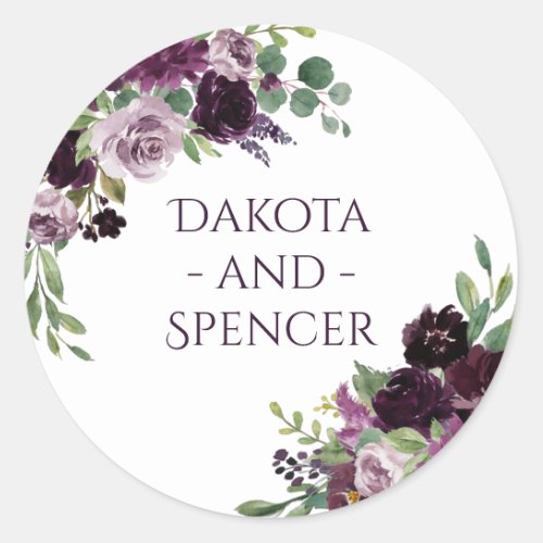 Moody Passion  Dramatic Purple Floral Wedding Classic Round Sticker
