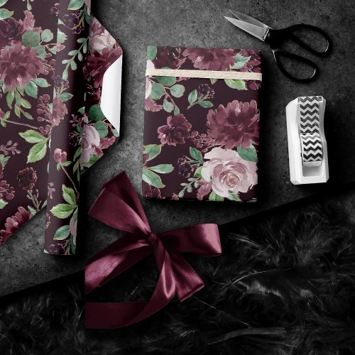 Moody Passion  Dramatic Purple Wine Rose Pattern Wrapping Paper