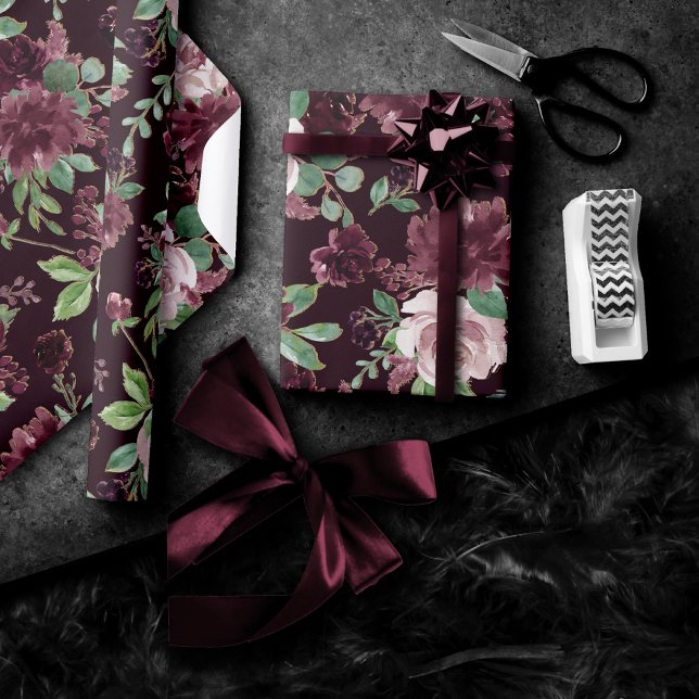 Moody Passion | Dramatic Purple Wine Rose Pattern Wrapping Paper (Creator Uploaded)