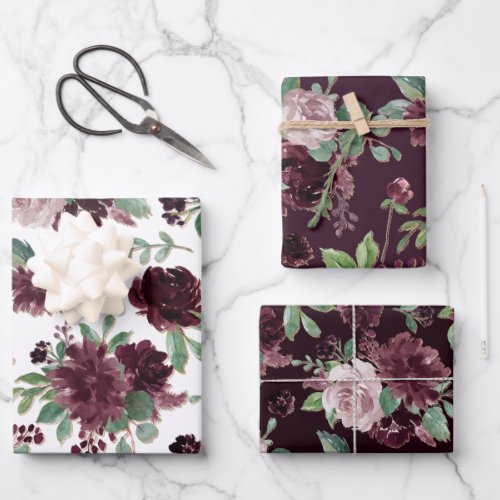Moody Passion  Dramatic Purple Wine Rose Pattern Wrapping Paper Sheets