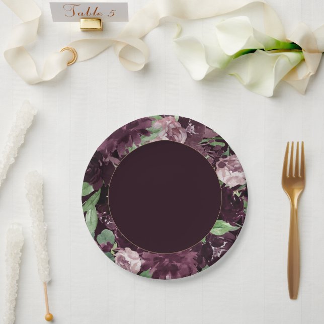 Moody Passion | Dramatic Purple Wine Rose Wreath Paper Plates (Wedding)