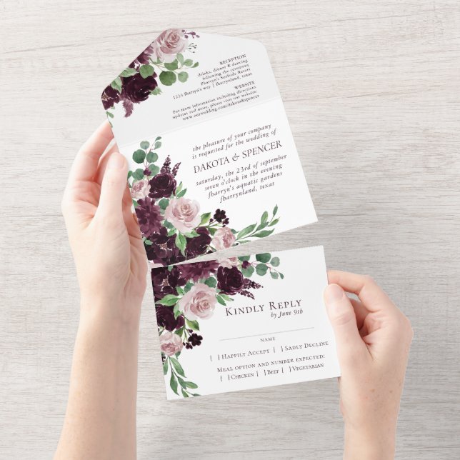 Moody Passions | Dramatic Purple Wine Rose Entree All In One Invitation (Tearaway)
