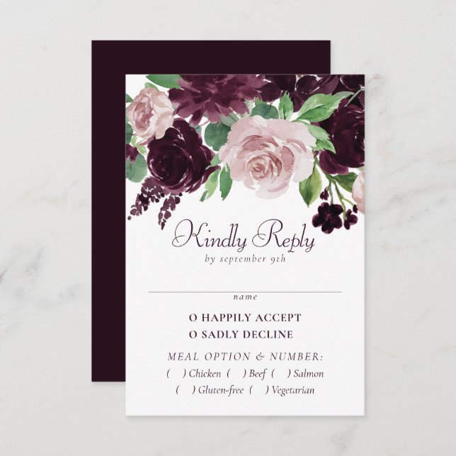 Moody Passions | Dramatic Purple Wine Rose Entree RSVP Card (Front/Back)