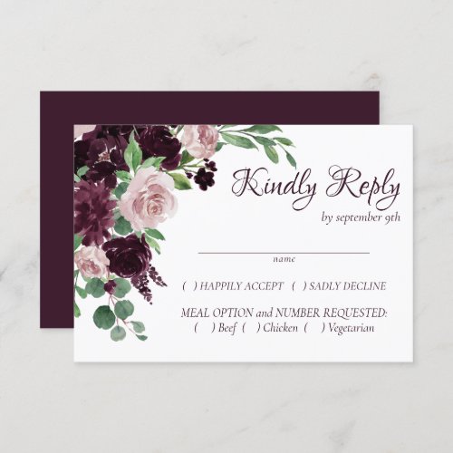 Moody Passions  Dramatic Purple Wine Rose Entree RSVP Card