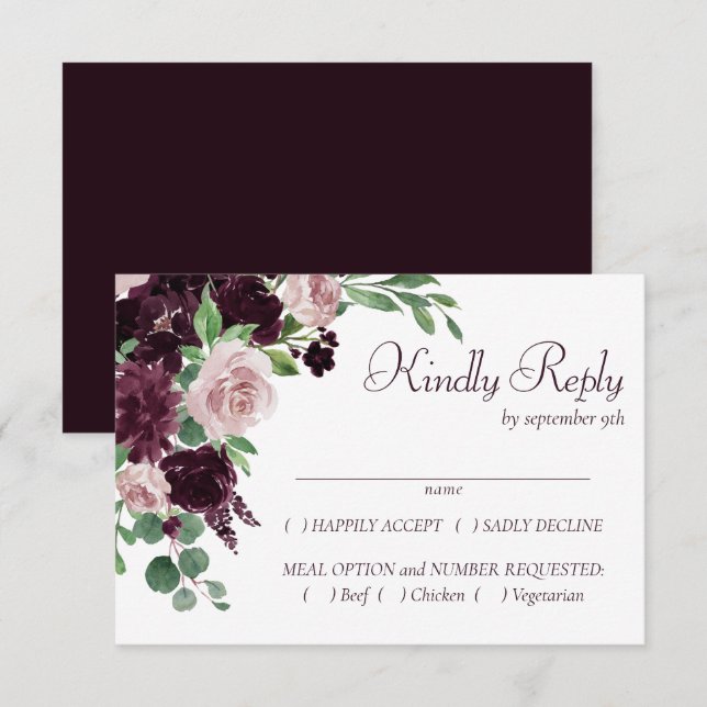 Moody Passions | Dramatic Purple Wine Rose Entree RSVP Card (Front/Back)