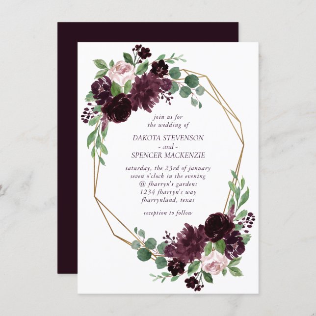 Moody Passions | Dramatic Purple Wine Rose Frame Invitation (Front/Back)