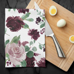Moody Passions | Dramatic Purple Wine Rose Pattern Kitchen Towel<br><div class="desc">Drama and intrigue meet sophisticated elegance in this moody jewel tone color palette featuring hand-painted watercolor floral in luxurious purple shades of wine, bourdeaux, and dusty sangria embellished by green botanical laurel accents. From the "Boho Bloom" collection, this layout incorporates a rich Bohemian wildflower bouquet with radiant flower blooms and...</div>
