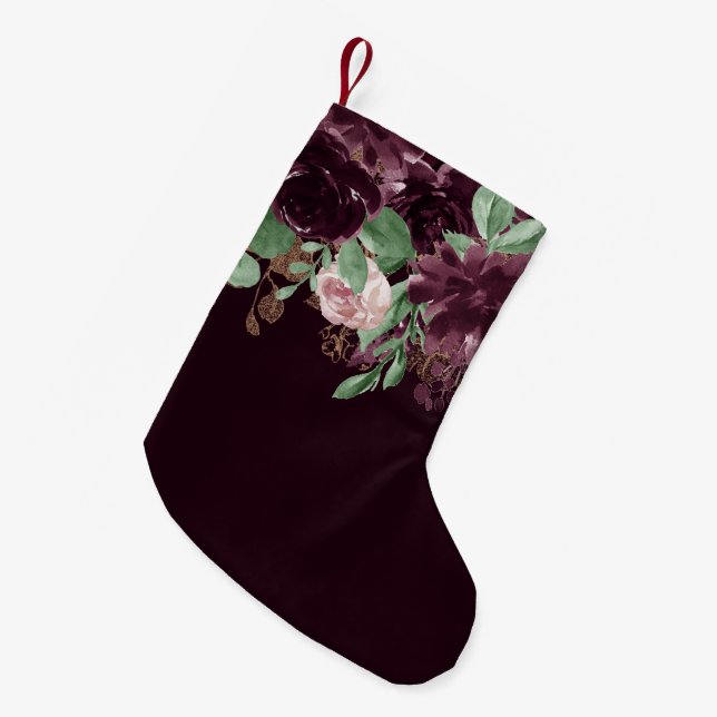 Moody Passions | Dramatic Purple Wine Rose Pattern Small Christmas Stocking (Front (Hanging))
