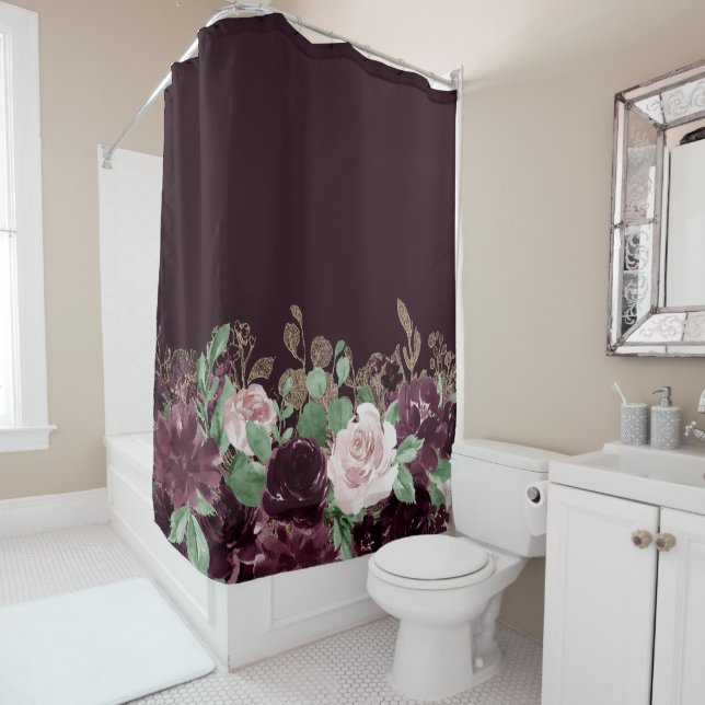 Moody Passions | Dramatic Purple Wine Rose Shimmer Shower Curtain (In Situ)