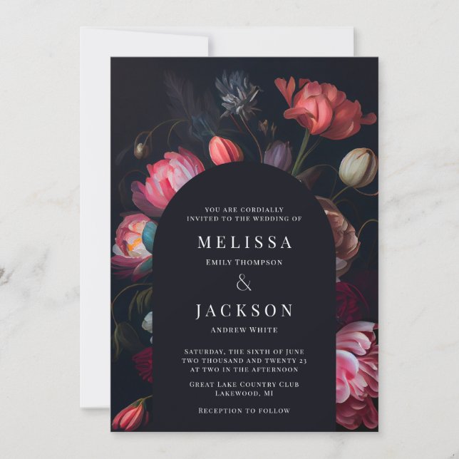 Moody Peony Floral Wedding Arch Invitation (Front)