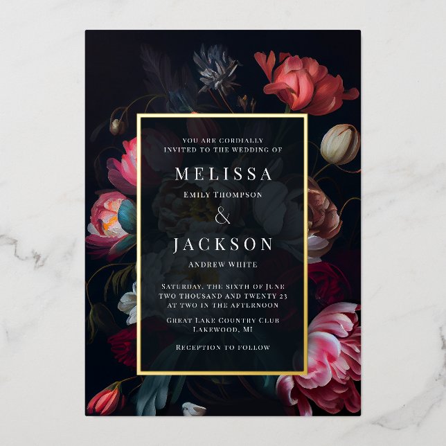 Moody Peony Floral Wedding Invitation Foil Invitation (Front)