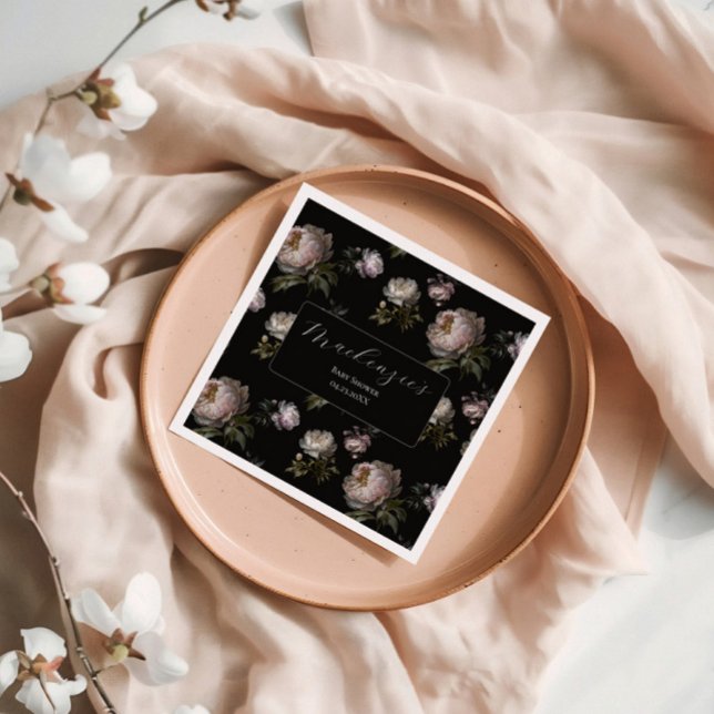 Moody Peony Flowers Baby Shower  Napkins (Party Napkin Moody Peony Baby Shower Collection)