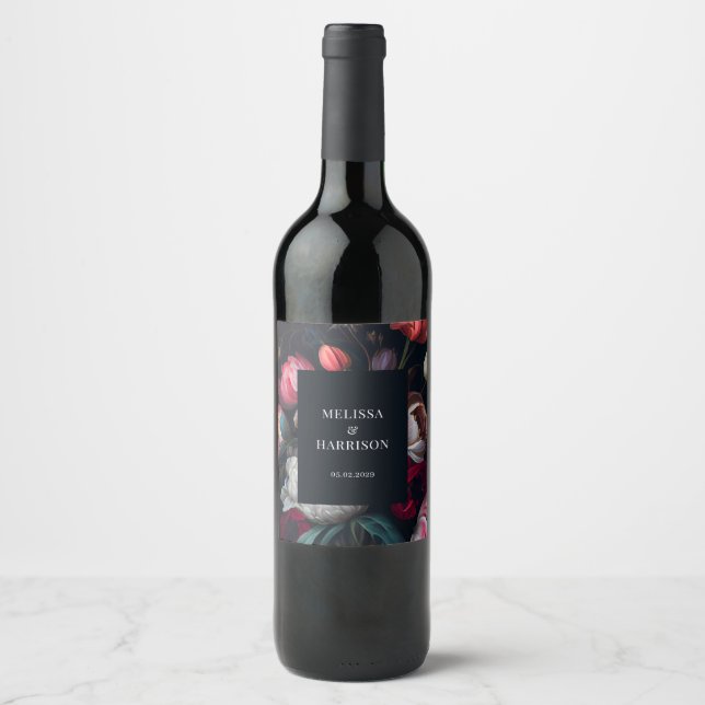 Moody Peony Painterly Floral Wedding  Wine Label (Front)