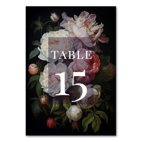 Moody Peony Rose Classic Floral Table Number