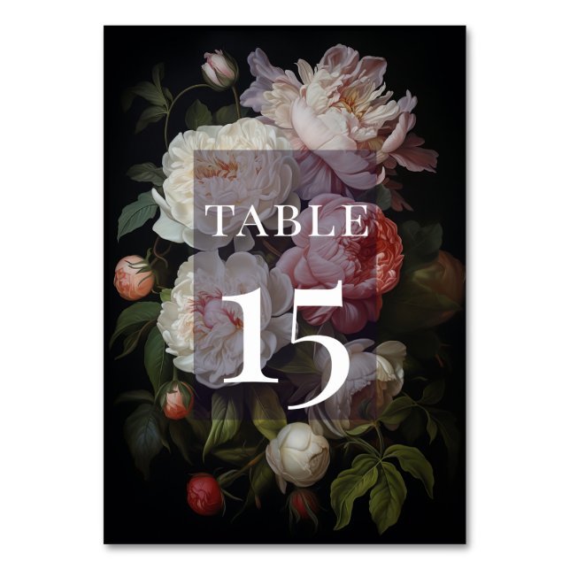 Moody Peony Rose Classic Floral Table Number (Front)